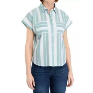 Wonderly Women’s Button Down Striped Shirt Size Large Cotton Pocket Lightweight